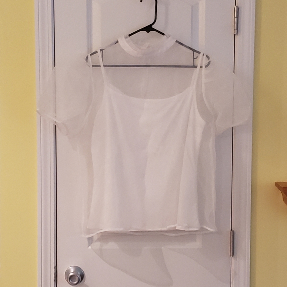 Cream Sheer Puff Short Sleeve Dressy Top